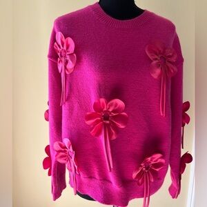🆕 Bibi Women's Pink Sweater 3D Floral Appliqué Pullover